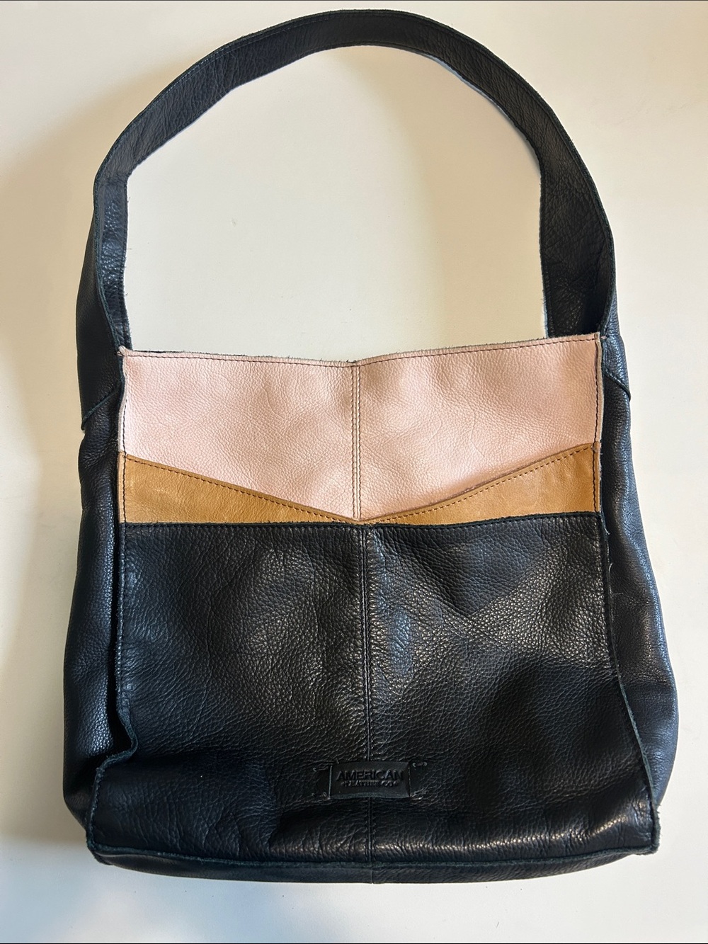 Colorblock Leather Shoulder Bag in Black, Blush & Tan